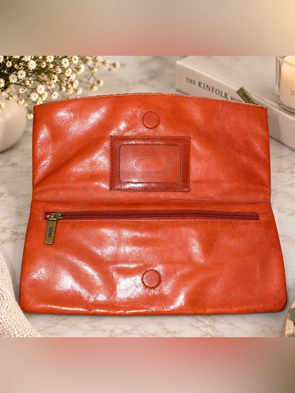 HOBO International Burnt Orange Leather Ring Clutch Foldover Zip Bag